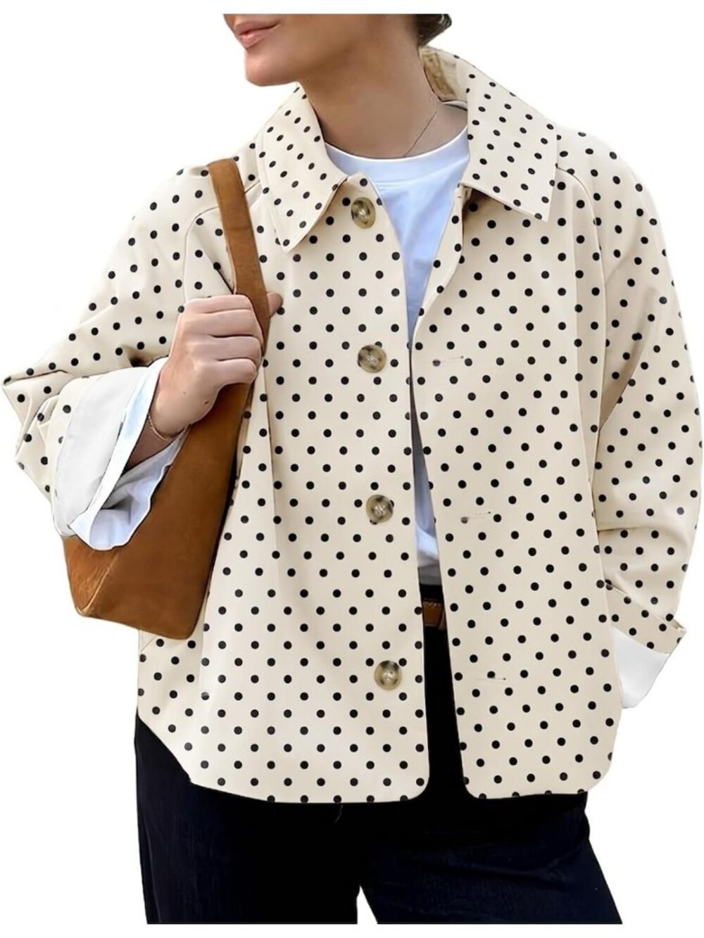 Women's Beige Polka Dots Cropped Single Breasted Button Front Fall Trench Coat